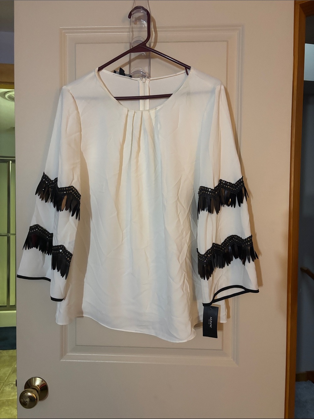 Alfani Cream Bell Sleeve Blouse with Black Fringe Trim
